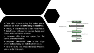 • Once this preprocessing has taken place,
data can be deemed Technically correct Data.
• That is, in this state data can be read into an
R data.frame, with correct names, types, and
labels, without further trouble.
• However, this does not mean that the
values are error-free or
• complete. Consistent data is the stage
where data is ready for statistical inference.
• It is the data that most statistical theories
use as a starting point.
 