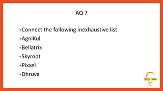 •Connect the following inexhaustive list.
•AgniKul
•Bellatrix
•Skyroot
•Pixxel
•Dhruva
AQ 7
 