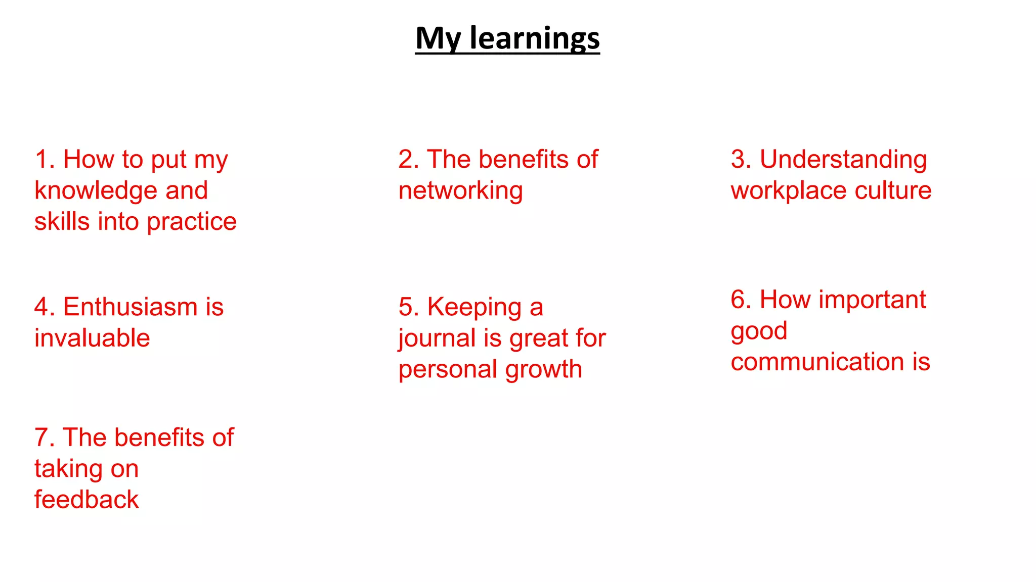 My learnings
1. How to put my
knowledge and
skills into practice
2. The benefits of
networking
3. Understanding
workplace culture
4. Enthusiasm is
invaluable
5. Keeping a
journal is great for
personal growth
6. How important
good
communication is
7. The benefits of
taking on
feedback
 