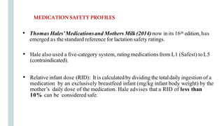 • Thomas Hales’Medicationsand Mothers Milk(2014) now in its 16th edition, has
emerged as the standard reference for lactation safety ratings.
• Hale also used a ﬁve-category system, rating medications from L1 (Safest) to L5
(contraindicated).
• Relative infant dose (RID): It is calculated by dividing the totaldaily ingestion of a
medication by an exclusively breastfeed infant (mg/kg infant body weight) by the
mother’s daily dose of the medication. Hale advises that a RID of less than
10% can be considered safe.
MEDICATIONSAFETYPROFILES
 