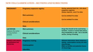 PREGNANCY Pregnancy exposure registry
Risk summary
Clinical considerations
Data
Dosing ,potential fetal risk , info about
pregnancy registries
Always required , even if no data
Can be omitted if no data
Can be omitted if no data
LACTATION
(replaces the earlier
nursing mothers
section)
Risk summary
Clinical considerations
Data
Drugs that should not be used during
lactation , human or animal data about
drug metabolites in milk , risk vs benefit
section ,timing of feeding.
FEMALES AND MALES
OF REPRODUCTIVE
POTENTIAL
Pregnancy testing
Contraception
Infertility
Relevant information about pregnancy
testing , contraception during and after
drug therapy.
Effect on fertility and potential chance
of miscarriage.
NEWFDACLASSIFICATION–SECTIONSANDSUBSECTIONS
 