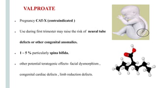 ● Pregnancy CAT-X (contraindicated )
● Use during first trimester may raise the risk of neural tube
defects or other congenital anomalies.
● 1 – 5 % particularly spina bifida.
● other potential teratogenic effects- facial dysmorphism ,
congenital cardiac defects , limb reduction defects.
VALPROATE
 