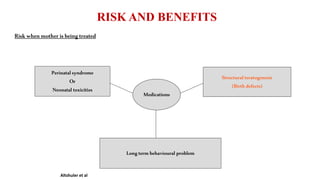 RISK AND BENEFITS
Riskwhenmotherisbeingtreated
Medications
Structuralteratogenesis
(Birthdefects)
Perinatalsyndrome
Or
Neonataltoxicities
Longtermbehaviouralproblem
Altshuler et al
 