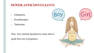 ● Gabapentin
● Oxcarbazepine
● Topiramate
They have limited reproductive safety data to
guide their use in pregnancy.
NEWER ANTICONVULSANTS
 