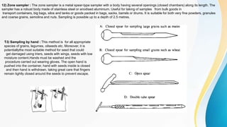13) Sampling by hand : This method is for all appropriate
species of grains, legumes, oilseeds etc. Moreover, it is
potentiallythe most suitable method for seed that could
get damaged using triers, seeds with wings, seeds with low
moisture content.Hands must be washed and the
procedure carried out wearing gloves. The open hand is
pushed into the container, hand with seeds inside is closed
and then hand is withdrawn, taking great care that fingers
remain tightly closed around the seeds to prevent escape.
12) Zone sampler : The zone sampler is a metal spear-type sampler with a body having several openings (closed chambers) along its length. The
sampler has a robust body made of stainless steel or anodised aluminium. Useful for taking of samples from bulk goods in
transport containers, big bags, silos and tanks or goods packed in bags, sacks, barrels or drums. It is suitable for both very fine powders, granules
and coarse grains, semolina and nuts. Sampling is possible up to a depth of 2.5 metres.
 