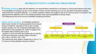 REPRESENTATIVE SAMPLING PROCEDURE
Probability sampling deals with the selection of a representative sample from a lot based on chance eliminating human bias.
The probability of including any item in the sample is known and the sampling error can be calculated.Probability sampling
uses some form of random selection . In a random selection method, the analyst must set up some process or procedure that
assures that the different units in the sample population have equal probabilities of being chosen.
The following are the most common probability sampling techniques:
Simple random sampling : A probability sampling in
which every member of a study population has an equal
chance of selection. Example of how to get a simple
random sample: put 100 numbered small apples into a
basket (this is the population N). Select 10 apples from
the basket without looking (this is your
sample n). Since we know the sample size (n) and the
lot (N) and it becomes a simple matter of division :
n/N x 100 or 10/100 x 100 = 10%
This means that every apple in basket has a 10% or 1 in
10 chance of being selected using this method.
 
