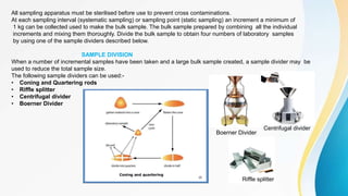 All sampling apparatus must be sterilised before use to prevent cross contaminations.
At each sampling interval (systematic sampling) or sampling point (static sampling) an increment a minimum of
1 kg can be collected used to make the bulk sample. The bulk sample prepared by combining all the individual
increments and mixing them thoroughly. Divide the bulk sample to obtain four numbers of laboratory samples
by using one of the sample dividers described below.
SAMPLE DIVISION
When a number of incremental samples have been taken and a large bulk sample created, a sample divider may be
used to reduce the total sample size.
The following sample dividers can be used:-
• Coning and Quartering rods
• Riffle splitter
• Centrifugal divider
• Boerner Divider
Centrifugal divider
Boerner Divider
Riffle splitter
 