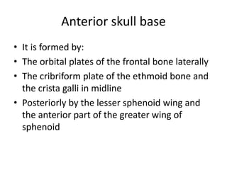 Anterior skull base
• It is formed by:
• The orbital plates of the frontal bone laterally
• The cribriform plate of the et...