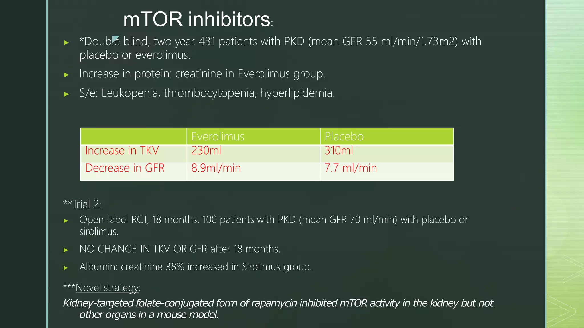 z
mTOR inhibitors:
▶ *Double blind, two year. 431 patients with PKD (mean GFR 55 ml/min/1.73m2) with
placebo or everolimus.
▶ Increase in protein: creatinine in Everolimus group.
▶ S/e: Leukopenia, thrombocytopenia, hyperlipidemia.
**Trial 2:
▶ Open-label RCT, 18 months. 100 patients with PKD (mean GFR 70 ml/min) with placebo or
sirolimus.
▶ NO CHANGE IN TKV OR GFR after 18 months.
▶ Albumin: creatinine 38% increased in Sirolimus group.
***Novel strategy:
Kidney-targeted folate-conjugated form of rapamycin inhibited mTOR activity in the kidney but not
other organs in a mouse model.
Everolimus Placebo
Increase in TKV 230ml 310ml
Decrease in GFR 8.9ml/min 7.7 ml/min
 