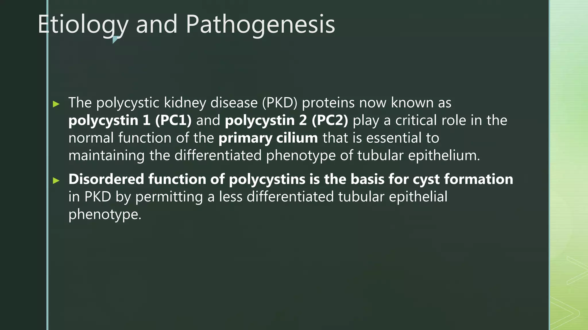 z
Etiology and Pathogenesis
▶ The polycystic kidney disease (PKD) proteins now known as
polycystin 1 (PC1) and polycystin 2 (PC2) play a critical role in the
normal function of the primary cilium that is essential to
maintaining the differentiated phenotype of tubular epithelium.
▶ Disordered function of polycystins is the basis for cyst formation
in PKD by permitting a less differentiated tubular epithelial
phenotype.
 