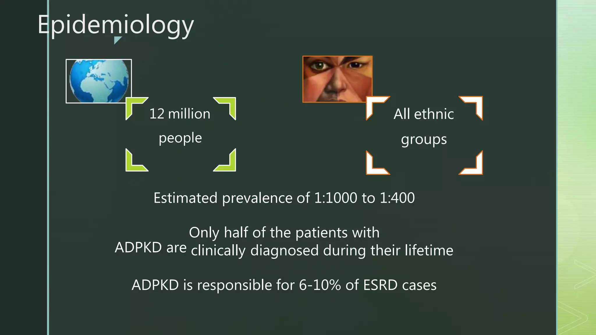 z
Epidemiology
12 million
people
All ethnic
groups
Estimated prevalence of 1:1000 to 1:400
ADPKD are
Only half of the patients with
clinically diagnosed during their lifetime
ADPKD is responsible for 6-10% of ESRD cases
 