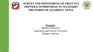 SURVEY AND MONITORING OF FRUIT FLY
(DIPTERA:TEPRHITIDAE) IN MANDARIN
ORCHARDS OF JAJARKOT, NEPAL
Presenter
ARPAN PARAJULI
Agriculture and Forestry University
Rampur, Chitwan
 