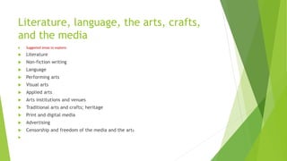 Literature, language, the arts, crafts,
and the media
 Suggested areas to explore:
 Literature
 Non-fiction writing
 Language
 Performing arts
 Visual arts
 Applied arts
 Arts institutions and venues
 Traditional arts and crafts; heritage
 Print and digital media
 Advertising
 Censorship and freedom of the media and the arts

 