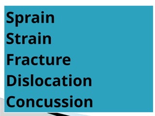 Sprain
Strain
Fracture
Dislocation
Concussion
 