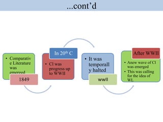 ...cont’d
• Comparativ
e Literature
was
emerged
1849
• Cl was
progress up
to WWII
In 20th C
• It was
temporall
y halted
wwII
• Anew wave of Cl
was emerged
• This was calling
for the idea of
WL
After WWII
 