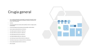 Cirugia general
• Tela no tejida depolipropileno, impermeablea la penetración delíquidos y fluidos,
color antirreflejante, notransparente, antiestática y resistente a la tensión enuso
normal. Estéril y desechable.
• Contiene:
• Tres batas quirúrgicas para cirujano, puños ajustables, refuerzo en mangas y pecho,
tamaño grande.
• Una bata quirúrgica para instrumentista,puños ajustables,tamañomediano.
• Cuatro campos sencillos de90 ±10cm x 90 ±10cm.
• Una sábana superior de150±10 cm x 190±10 cm.
• Una sábana inferior de170 ±10 cm x 190±10 cm.
• Una sábana lateralde130 ±10cmx 180 ±10cm.
• Una sábana hendida de180 ±10cmx 240 ±10cm.
• Una cubierta para mesa de riñónde 240 ±10cm x150 ±10cm.
• Una funda de mesa mayo con refuerzo de50 ±10 cmx140±10cm.
• Cuatro toallas absorbentes de40 ±5 cmx 40±5 cm.
• Bulto o paquete.
 