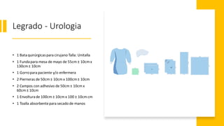 Legrado - Urologia
• 1 Bataquirúrgicaspara cirujano Talla: Unitalla
• 1 Fundapara mesa de mayo de 55cm ± 10cm x
130cm± 10cm
• 1 Gorropara paciente y/o enfermera
• 2 Pierneras de 50cm ± 10cm x 100cm± 10cm
• 2 Campos con adhesivo de 50cm ± 10cm x
60cm ± 10cm
• 1 Envolturade 100cm ± 10cm x 100 ± 10cm cm
• 1 Toalla absorbentepara secado de manos
 