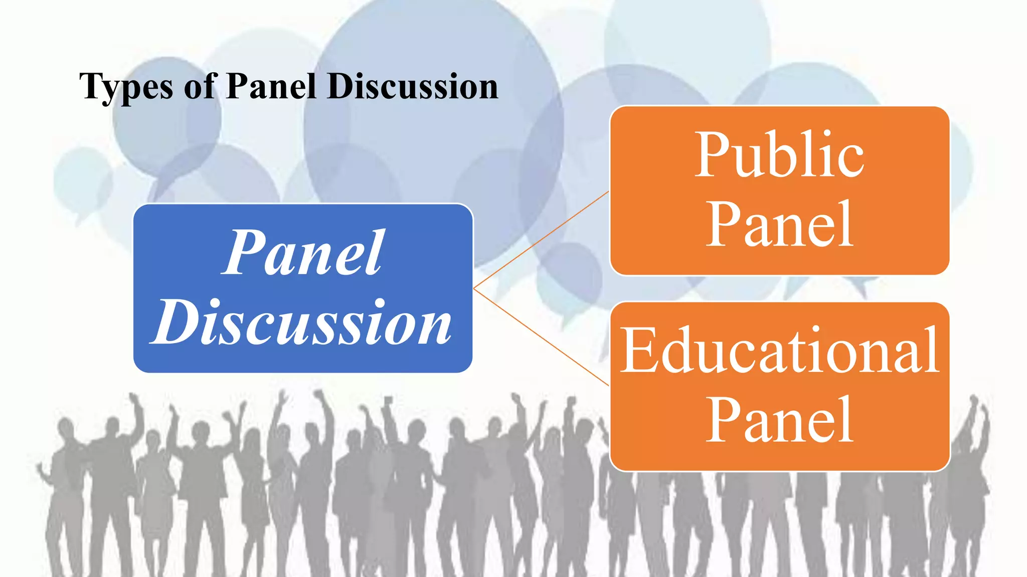 Types of Panel Discussion
Panel
Discussion
Public
Panel
Educational
Panel
 