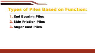 Types of Piles Based on Function:
1. End Bearing Piles
2. Skin Friction Piles
3. Auger cast Piles
 