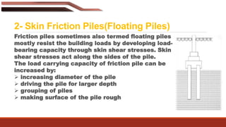 2- Skin Friction Piles(Floating Piles)
Friction piles sometimes also termed floating piles
mostly resist the building loads by developing load-
bearing capacity through skin shear stresses. Skin
shear stresses act along the sides of the pile.
The load carrying capacity of friction pile can be
increased by:
 increasing diameter of the pile
 driving the pile for larger depth
 grouping of piles
 making surface of the pile rough
 