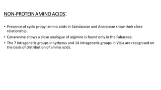 NON-PROTEINAMINOACIDS:
• Presence of cyclo propyl amino acids in Saindaceae and Aceraceae show their close
relationship.
• Canavanine shows a close analogue of arginine is found only in the Fabaceae.
• The 7 intrageneric groups in Lythyrus and 14 intrageneric groups in Vicia are recognised on
the basis of distribution of amino acids.
 