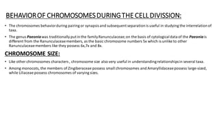 BEHAVIOROF CHROMOSOMESDURINGTHE CELLDIVISSION:
• The chromosomes behaviorduring pairing or synapsisand subsequent separationis useful in studying the interrelationof
taxa.
• The genus Paeoniawas traditionally putin the familyRanunculaceae;on the basis of cytologicaldataof the Paeoniais
different from the Ranunculaceaemembers, as the basic chromosome numbers 5x which is unlike to other
Ranunculaceaemembers like they possess 6x,7x and 8x.
CHROMOSOME SIZE:
• Like other chromosomes characters, chromosome size also very useful in understandingrelationshipsin several taxa.
• Among monocots, the members of Zingiberaceae possess small chromosomes and Amaryllidaceaepossess large-sized,
while Liliaceae possess chromosomes of varying sizes.
 