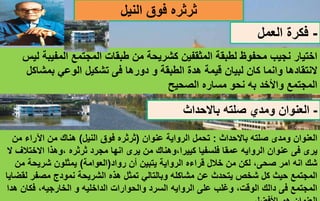 ‫ث‬
‫ر‬
‫ث‬
‫النيل‬ ‫فوق‬ ‫ره‬
-
‫العمل‬ ‫فكرة‬
‫المفي‬ ‫المجتمع‬ ‫طبقات‬ ‫من‬ ‫كشريحة‬ ‫المثقفين‬ ‫لطبقة‬ ‫محفوظ‬ ‫نجيب‬ ‫اختيار‬
‫ليس‬ ‫بة‬
‫بمشاك‬ ‫الوعي‬ ‫تشكيل‬ ‫فى‬ ‫دورها‬ ‫و‬ ‫الطبقة‬ ‫هدة‬ ‫قيمة‬ ‫لبيان‬ ‫كان‬ ‫وانما‬ ‫النتقادها‬
‫ل‬
‫الصحيح‬ ‫مساره‬ ‫نحو‬ ‫به‬ ‫واألخد‬ ‫المجتمع‬
‫باالحداث‬ ‫صلته‬ ‫ومدى‬ ‫العنوان‬
:
‫عنوان‬ ‫الرواية‬ ‫تحمل‬
(
‫النيل‬ ‫فوق‬ ‫ثرثره‬
)
‫اآلراء‬ ‫من‬ ‫هناك‬
‫م‬
‫ن‬
‫وه‬، ‫ثرثره‬ ‫مجرد‬ ‫انها‬ ‫يرى‬ ‫من‬ ‫وهناك‬،‫كييرا‬ ‫فلسفيا‬ ‫عمقا‬ ‫الروايه‬ ‫عنوان‬ ‫فى‬ ‫يرى‬
‫ذ‬
‫ا‬
‫االخت‬
‫ال‬ ‫الف‬
‫رواد‬ ‫أن‬ ‫يتبين‬ ‫الرواية‬ ‫قراءه‬ ‫خالل‬ ‫من‬ ‫لكن‬ ،‫صحى‬ ‫امر‬ ‫انه‬ ‫شك‬
(
‫العوامة‬
)
‫من‬ ‫شريحة‬ ‫يمثلون‬
‫ه‬ ‫تمثل‬ ‫وبالتالي‬ ‫مشاكله‬ ‫عن‬ ‫يتحدث‬ ‫شخص‬ ‫كل‬ ‫حيث‬ ‫المجتمع‬
‫ذ‬
‫ه‬
‫مصفر‬ ‫نمودج‬ ‫الشريحة‬
‫لقضايا‬
‫الخا‬ ‫و‬ ‫الداخليه‬ ‫والحوارات‬ ‫السرد‬ ‫الروايه‬ ‫على‬ ‫وغلب‬ ،‫الوقت‬ ‫دالك‬ ‫فى‬ ‫المجتمع‬
‫ر‬
‫فكان‬ ،‫جيه‬
‫هدا‬
-
‫باالحداث‬ ‫صلته‬ ‫ومدي‬ ‫العنوان‬
 