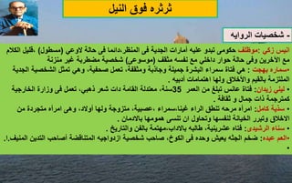 ‫ث‬
‫ر‬
‫ث‬
‫النيل‬ ‫فوق‬ ‫ره‬
‫انيس‬
‫زك‬
‫ي‬
:
‫مو‬
‫ظ‬
‫لف‬
‫الم‬ ‫فى‬ ‫الجدية‬ ‫أمارات‬ ‫عليه‬ ‫تبدو‬ ‫حكومى‬
‫ن‬
‫الوعي‬ ‫حالة‬ ‫فى‬ ‫دائما‬،‫ظر‬
(
‫مسطول‬
)
‫ا‬ ‫قليل‬،
‫لكالم‬
‫مثقف‬ ‫نفسه‬ ‫مع‬ ‫داخلي‬ ‫حوار‬ ‫حالة‬ ‫وفى‬ ‫اآلخرين‬ ‫مع‬
(
‫موسوعى‬
)
‫منزنة‬ ‫غبر‬ ‫مضطربة‬ ‫شخصية‬
•
‫بهجت‬ ‫سماره‬
:
‫ا‬ ‫الشخصية‬ ‫تمثل‬ ‫وهي‬ ،‫صحفية‬ ‫تعمل‬ ،‫ومثقفة‬ ‫وجاذبة‬ ‫جميلة‬ ‫البشرة‬ ‫سمراء‬ ‫فتاة‬ ‫هي‬
‫لجدية‬
‫أدبيه‬ ‫اهتمامات‬ ‫ولها‬ ‫واألخالق‬ ‫بالقيم‬ ‫الملتزمة‬
.
•
‫زيدان‬ ‫ليلي‬
:
‫العمر‬ ‫من‬ ‫تبلغ‬ ‫عانس‬ ‫فتاة‬
35
‫شعر‬ ‫دات‬ ‫القامة‬ ‫معتدلة‬ ،‫سنة‬
‫ذ‬
‫الخارجية‬ ‫وزارة‬ ‫فى‬ ‫تعمل‬ ،‫هبي‬
‫كم‬
‫ت‬
‫رجمة‬
‫ذا‬
‫ثقافة‬ ‫و‬ ‫جمال‬ ‫ت‬
.
•
‫كامل‬ ‫سذية‬
:
‫من‬ ‫متجردة‬ ‫امرأه‬ ‫وهى‬ ،‫أوالد‬ ‫ولها‬ ‫متزوجة‬ ،‫عصبية‬، ‫سمراء‬،‫غينا‬ ‫الراء‬ ‫تنطق‬ ‫مرحه‬ ‫امرأه‬
‫باالدمان‬ ‫همومها‬ ‫تنسى‬ ‫ان‬ ‫وتحاول‬ ‫لنفسها‬ ‫الخيانة‬ ‫وتبرر‬ ‫االخالق‬
.
•
‫الرشيدى‬ ‫سناء‬
:
‫والتاريخ‬ ‫بالفن‬ ‫مهتمة‬،‫باالداب‬ ‫طالبه‬ ،‫عشرينية‬ ‫فتاه‬
.
•
‫عبده‬ ‫العم‬
:
‫المتناقضة‬ ‫ازدواجيه‬ ‫شخصية‬ ‫صاحب‬ ،‫الكوخ‬ ‫فى‬ ‫وحده‬ ‫يعيش‬ ‫الجثه‬ ‫ضخم‬
‫أ‬
‫التدين‬ ‫صاحب‬
‫المنيف‬
.
‫ا‬
.
•
-
‫الروايه‬ ‫شخصيات‬
 