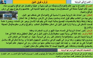 ‫ث‬
‫ر‬
‫ث‬
‫النيل‬ ‫فوق‬ ‫ره‬
-
‫الرواي‬ ‫لها‬ ‫ترمز‬ ‫التي‬ ‫التاريخيه‬ ‫الشخصيات‬
‫ه‬
‫مثل‬ ‫التاريخية‬ ‫الشخصيات‬ ‫استحضار‬ ‫على‬ ‫الرواية‬ ‫فى‬ ‫الترميز‬ ‫ويعتمد‬
(
‫قيصر‬ ‫يوليوس‬
/
‫نيرون‬
)
‫مثل‬ ‫واألدبية‬
(
‫المعرى‬
‫الخيام‬ ‫عمر‬ ‫و‬
)
‫والحوت‬ ‫يونس‬ ‫سيدنا‬ ‫قصه‬ ‫استحضار‬ ‫مثل‬ ‫واالسالمية‬
‫الصراع‬
:
‫عالم‬ ‫بين‬ ‫ما‬ ‫الصراع‬
(
‫العوامة‬
)
‫والهروب‬ ‫الواقع‬ ‫عن‬ ‫وانفصال‬ ‫عبثية‬ ‫و‬ ‫سلبية‬ ‫قيم‬ ‫من‬ ‫ومايمثله‬
،‫منه‬
‫الصحفية‬ ‫فى‬ ‫متمثال‬ ‫الجدية‬ ‫عالم‬ ‫وبين‬
(
‫بهجت‬ ‫سمارة‬
)
‫فى‬ ‫الشديدة‬ ‫ورغبتها‬
‫بيهم‬ ‫والرجوع‬ ‫خالصهم‬
‫ارض‬ ‫الى‬
‫والحياة‬ ‫الواقع‬
.
‫المكان‬
:
‫في‬ ‫أساسية‬ ‫بصورة‬ ‫الرواية‬ ‫هذه‬ ‫أحداث‬ ‫دور‬
(
‫العوامة‬
)
،‫النيل‬ ‫نهر‬ ‫ضغاف‬ ‫على‬
‫المكان‬ ‫هذا‬ ‫أن‬ ‫ويالحظ‬ ،‫األرض‬ ‫إلى‬ ‫بحبال‬ ‫ومشدود‬ ‫الماء‬ ‫فوق‬ ‫يطفو‬ ‫الخشب‬ ‫من‬ ‫بيت‬ ‫وهي‬
‫ا‬ ‫عن‬ ‫ويعبر‬ ‫اإلنسان‬ ‫فيه‬ ‫يقيم‬ ‫الذي‬ ‫البيت‬ ‫بمثابة‬ ‫فيصبح‬ ‫بالشخصيات؛‬ ‫وثيقا‬ ‫ارتباطا‬ ‫يرتبط‬
‫عامة‬ ‫وبصورة‬ ،‫نتمائه‬
‫مغلقة‬ ‫أماكن‬ ‫إلى‬ ‫النيل‬ ‫فوق‬ ‫ثرثرة‬ ‫رواية‬ ‫في‬ ‫األماكن‬ ‫قسمت‬
(
‫المكتب‬ ‫مثل‬
‫والكوخ‬
)
‫و‬
‫أخ‬
‫مغتوحة‬ ‫رى‬
(
‫ا‬ ‫مثل‬
‫لحديقة‬
‫والشارع‬
)
‫الزمان‬
:
‫وهكدا‬ ‫المخدرات‬ ‫شرب‬ ‫و‬ ‫اللهو‬ ‫حيث‬ ‫المساء‬ ‫فى‬ ‫الرواية‬ ‫أحداث‬ ‫تدور‬
‫والرمز‬ ‫اللغة‬
:
‫محفوظ‬ ‫نجيب‬ ‫رواية‬ ‫فى‬ ‫اللغة‬ ‫تعد‬
(
‫النيل‬ ‫فوق‬ ‫ثرثره‬
)
‫اللغة‬ ‫وتعد‬،‫الحقيقى‬ ‫البطل‬ ‫هى‬
‫هدة‬ ‫فى‬
‫وتعد‬ ،‫الترميز‬ ‫شديدة‬ ‫الرواية‬
(
‫العوامة‬
)
‫حيث‬ ،‫الرواية‬ ‫فى‬ ‫رمز‬ ‫أكبر‬ ‫كمكان‬
‫الدى‬ ‫المكان‬ ‫هى‬ ‫العوامة‬ ‫ان‬
‫والمصير‬ ،‫الوعى‬ ‫تفييب‬ ‫الى‬ ‫يرمز‬ ‫وهدا‬ ،‫ويلهون‬ ‫فيه‬ ‫يسمرون‬
‫س‬ ‫فك‬ ‫فى‬ ‫تمثل‬ ‫روادها‬ ‫و‬ ‫للعوامة‬ ‫المجهول‬
‫السل‬
‫عبده‬ ‫عم‬ ‫يد‬ ‫على‬ ‫العوامة‬
.
‫العوامه‬ ‫عالم‬ ‫استهتار‬ ‫الى‬ ‫رمز‬ ،‫دخان‬ ‫من‬ ‫منها‬ ‫يتطاير‬ ‫وما‬ ‫الجوزه‬ ‫تعد‬ ‫أيضا‬ ‫و‬
‫الجوزه‬ ‫دخان‬ ‫مثل‬ ‫يتطاير‬ ‫دخانا‬ ‫اال‬ ‫ليست‬ ‫فالنهاية‬ ‫فهى‬ ،‫ومشاكله‬ ‫وقضاياه‬ ‫بالمجتمع‬
.
-
‫الروايه‬ ‫في‬ ‫الصراع‬
 