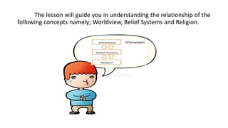 The lesson will guide you in understanding the relationship of the
following concepts namely; Worldview, Belief Systems and Religion.
 