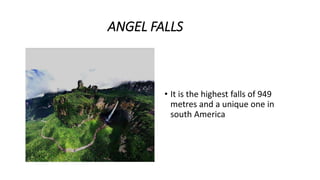 ANGEL FALLS
• It is the highest falls of 949
metres and a unique one in
south America
 