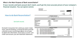 What is the Main Purpose of Bank reconciliation?
If your records and bank account don't match, you'll get the most accurate picture of your company’s
financial situation. You can ignore common errors, such as fraud or multiple payments.
How to do Bank Reconciliation?
Get bank records
the bank's transaction list is what you need. A state
ment, Internet banking, or having the bank send dat
a directly to your accounting program are all ways
to obtain this information. If you have a current and
credit card account, you will need both statements.
 