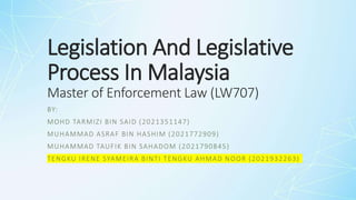 Legislation And Legislative
Process In Malaysia
Master of Enforcement Law (LW707)
BY:
MOHD TARMIZI BIN SAID (2021351147)
MUHAMMAD ASRAF BIN HASHIM (2021772909)
MUHAMMAD TAUFIK BIN SAHADOM (2021790845)
TENGKU IRENE SYAMEIRA BINTI TENGKU AHMAD NOOR (2021932263)
 