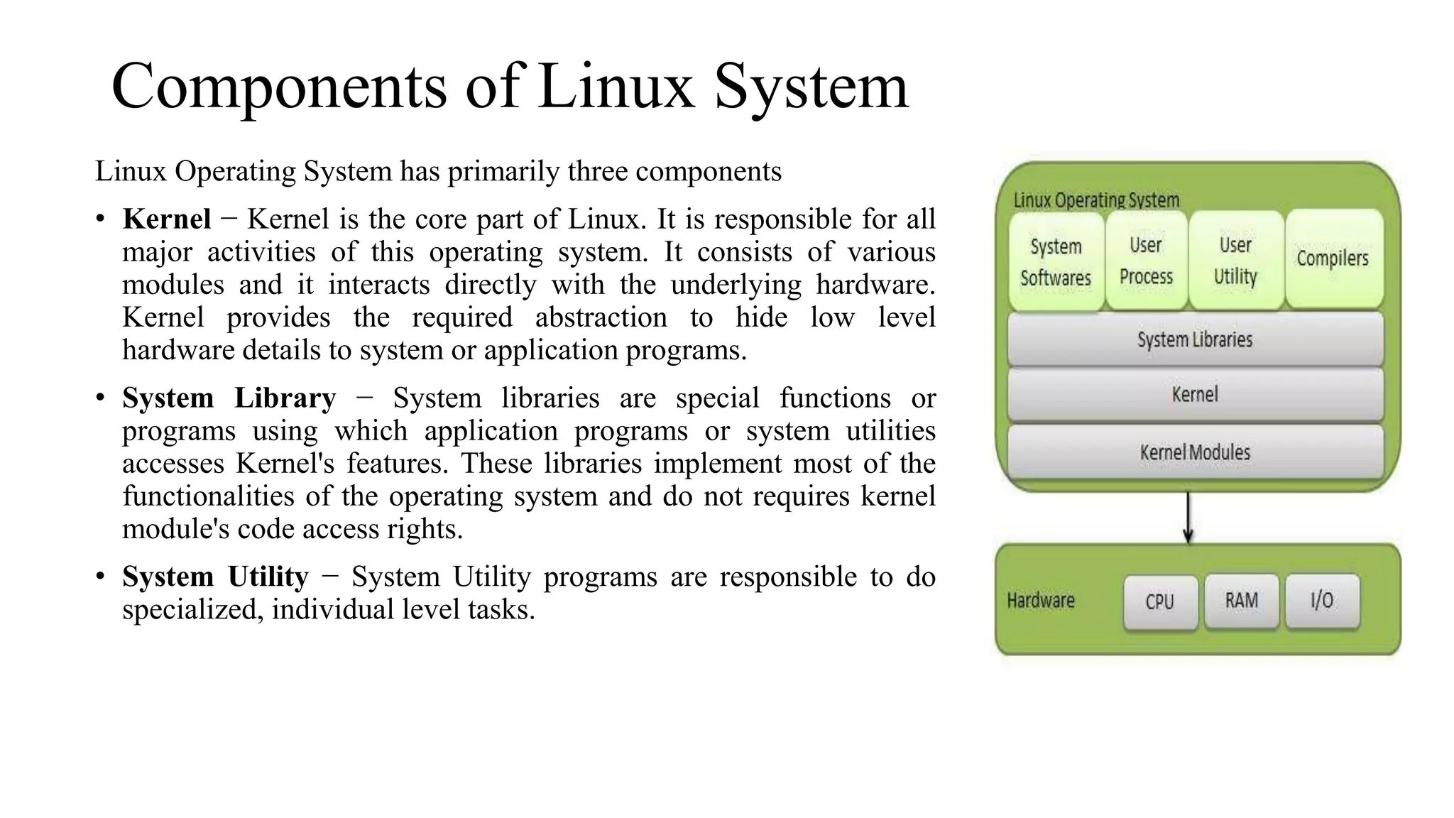 Components of Linux System
Linux Operating System has primarily three components
• Kernel − Kernel is the core part of Linux. It is responsible for all
major activities of this operating system. It consists of various
modules and it interacts directly with the underlying hardware.
Kernel provides the required abstraction to hide low level
hardware details to system or application programs.
• System Library − System libraries are special functions or
programs using which application programs or system utilities
accesses Kernel's features. These libraries implement most of the
functionalities of the operating system and do not requires kernel
module's code access rights.
• System Utility − System Utility programs are responsible to do
specialized, individual level tasks.
 