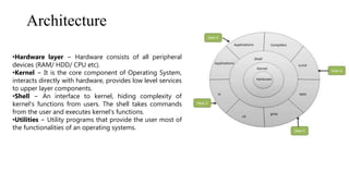 Architecture
•Hardware layer − Hardware consists of all peripheral
devices (RAM/ HDD/ CPU etc).
•Kernel − It is the core component of Operating System,
interacts directly with hardware, provides low level services
to upper layer components.
•Shell − An interface to kernel, hiding complexity of
kernel's functions from users. The shell takes commands
from the user and executes kernel's functions.
•Utilities − Utility programs that provide the user most of
the functionalities of an operating systems.
 
