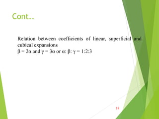Cont..
18
Relation between coefficients of linear, superficial and
cubical expansions
β = 2α and γ = 3α or α: β: γ = 1:2:3
 