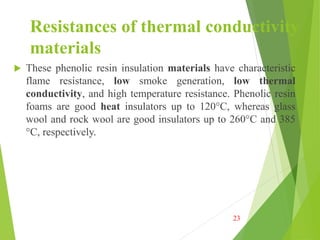Resistances of thermal conductivity
materials
 These phenolic resin insulation materials have characteristic
flame resistance, low smoke generation, low thermal
conductivity, and high temperature resistance. Phenolic resin
foams are good heat insulators up to 120°C, whereas glass
wool and rock wool are good insulators up to 260°C and 385
°C, respectively.
23
 