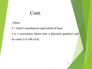 6
J = Joule’s mechanical equivalent of heat.
J is a conversion factor (not a physical quantity) and
its value is 4.186 J/cal.
Cont.
where
 