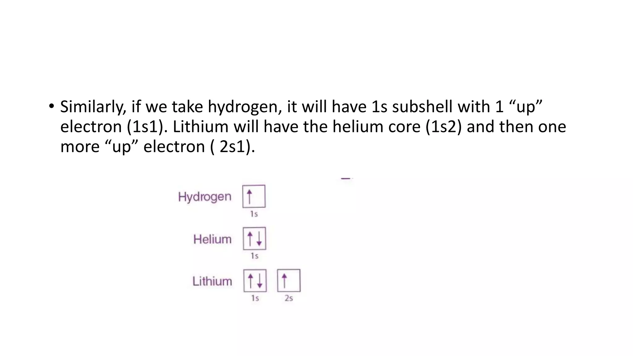 • Similarly, if we take hydrogen, it will have 1s subshell with 1 “up”
electron (1s1). Lithium will have the helium core (1s2) and then one
more “up” electron ( 2s1).
 