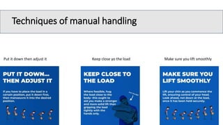 Techniques of manual handling
Put it down then adjust it Keep close yo the load Make sure you lift smoothly
 