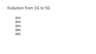 Evolution from 1G to 5G
1G
2G
3G
4G
5G
 