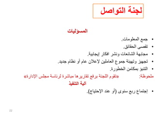 ‫المسؤليات‬
•
‫المعلومات‬ ‫جمع‬
.
•
‫الحقائق‬ ‫تقصى‬
.
•
‫إيجابية‬ ‫افكار‬ ‫ونشر‬ ‫الشائعات‬ ‫مجابهة‬
.
•
‫جديد‬ ‫نظام‬ ‫أو‬ ‫عام‬ ‫إلعالن‬ ‫العاملين‬ ‫جموع‬ ‫وتهيئة‬ ‫تجهيز‬
.
•
‫الخطورة‬ ‫بمكامن‬ ‫التنبؤ‬
.
‫ملحوظة‬
:
«
‫اإلدارة‬ ‫مجلس‬ ‫لرئاسة‬ ‫مباشرة‬ ‫تقاريرها‬ ‫برفع‬ ‫اللجنة‬ ‫تقوم‬
»
‫التنفيذ‬ ‫آلية‬
•
‫سنوى‬ ‫ربع‬ ‫إجتماع‬
(
‫اإلحتياج‬ ‫عند‬ ‫أو‬
.)
22
‫التواصل‬ ‫لجنة‬
 