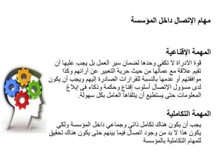 ‫المؤسسة‬ ‫داخل‬ ‫اإلتصال‬ ‫مهام‬
‫اإلقناعية‬ ‫المهمة‬
‫االدراة‬ ‫قوة‬
‫العمل‬ ‫سير‬ ‫لضمان‬ ‫وحدها‬ ‫تكفي‬ ‫ال‬
‫بل‬
‫أ‬ ‫عليها‬ ‫يجب‬
‫ن‬
‫وكذا‬ ‫آرائهم‬ ‫عن‬ ‫التعبير‬ ‫حرية‬ ‫حيث‬ ‫من‬ ‫عمالها‬ ‫مع‬ ‫عالقة‬ ‫تقيم‬
‫أن‬ ‫ويجب‬ ‫إليهم‬ ‫الاادرة‬ ‫للقرارات‬ ‫بالنسبة‬ ‫عدمها‬ ‫أو‬ ‫موافقتهم‬
‫يكون‬
‫لدى‬
‫اإلتاال‬ ‫مسؤول‬
‫أسلوب‬
‫إبالغ‬ ‫فى‬ ‫وذكاء‬ ‫وحكمة‬ ‫إقناع‬
‫المعلومات‬
‫سهولة‬ ‫بكل‬ ‫العامل‬ ‫يتلقاها‬ ‫أن‬ ‫يستطيع‬ ‫حتى‬
.
‫التكاملية‬ ‫المهمة‬
‫يجب‬
‫داخل‬ ‫وجماعي‬ ‫ذاتي‬ ‫تكامل‬ ‫هناك‬ ‫يكون‬ ‫أن‬
‫المؤسسة‬
‫ولكي‬
‫ت‬ ‫هناك‬ ‫يكون‬ ‫حتى‬ ‫بينهم‬ ‫فيما‬ ‫اتاال‬ ‫وجود‬ ‫من‬ ‫بد‬ ‫ال‬ ‫هذا‬ ‫يكون‬
‫حقيق‬
‫التكاملية‬ ‫للمهام‬
‫بالمؤسسة‬
 