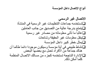 ‫المؤسسة‬ ‫داخل‬ ‫اإلتصال‬ ‫أنواع‬
‫الرسمي‬ ‫غير‬ ‫االتصال‬

‫المنشأة‬ ‫في‬ ‫الرسمية‬ ‫غير‬ ‫التنظيمات‬ ‫جماعات‬ ‫تستخدمه‬

‫العاملين‬ ‫جانب‬ ‫من‬ ‫التاديق‬ ‫من‬ ‫عالية‬ ‫بدرجة‬ ‫يتمتع‬

‫رسمية‬ ‫غير‬ ‫ماادر‬ ‫من‬ ‫معلوماته‬ ‫تأتى‬ ‫ما‬ ‫غالبا‬

‫وشائعات‬ ‫الحقيقة‬ ‫غير‬ ‫معلومات‬ ‫ينقل‬

‫المؤسسة‬ ‫داخل‬ ‫كبير‬ ‫خطر‬ ‫يمثل‬

‫أ‬ ‫طالما‬ ‫دائما‬ ‫موجودا‬ ‫وسيكون‬ ‫مؤسسة‬ ‫أية‬ ‫في‬ ‫طبيعي‬ ‫نشاط‬
‫ن‬
‫البعض‬ ‫بعضها‬ ‫مع‬ ‫تعمل‬ ‫األفراد‬ ‫من‬ ‫جماعة‬ ‫هناك‬

‫الناجحة‬ ‫اإلدارة‬
‫ت‬
‫المنظمة‬ ‫االتاال‬ ‫مسالك‬ ‫من‬ ‫كجزء‬ ‫ستخدمه‬
‫ذلك‬ ‫أمكن‬ ‫كلما‬
.
 
