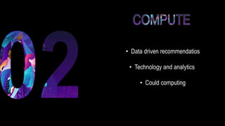 • Data driven recommendatios
• Technology and analytics
• Could computing
 