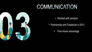 • Worked with amazon
• Partnership with Facebook in 2011
• First mover advantage
 