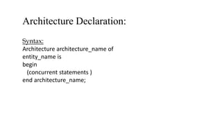 Architecture Declaration:
Syntax:
Architecture architecture_name of
entity_name is
begin
(concurrent statements )
end architecture_name;
 