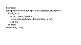 Example:
configuration demo_config of even_detector_testbench is
for tb_archi
for uut : even_detector
use entity work.even_detector (sop_archi);
end for;
end for;
end demo_config;
 