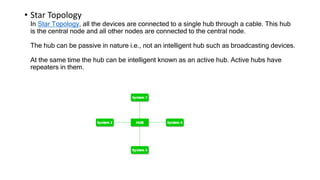 • Star Topology
In Star Topology, all the devices are connected to a single hub through a cable. This hub
is the central node and all other nodes are connected to the central node.
The hub can be passive in nature i.e., not an intelligent hub such as broadcasting devices.
At the same time the hub can be intelligent known as an active hub. Active hubs have
repeaters in them.
 