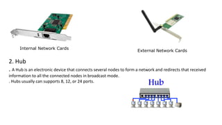 Internal Network Cards
External Network Cards
2. Hub
. A Hub is an electronic device that connects several nodes to form a network and redirects that received
information to all the connected nodes in broadcast mode.
. Hubs usually can supports 8, 12, or 24 ports.
 